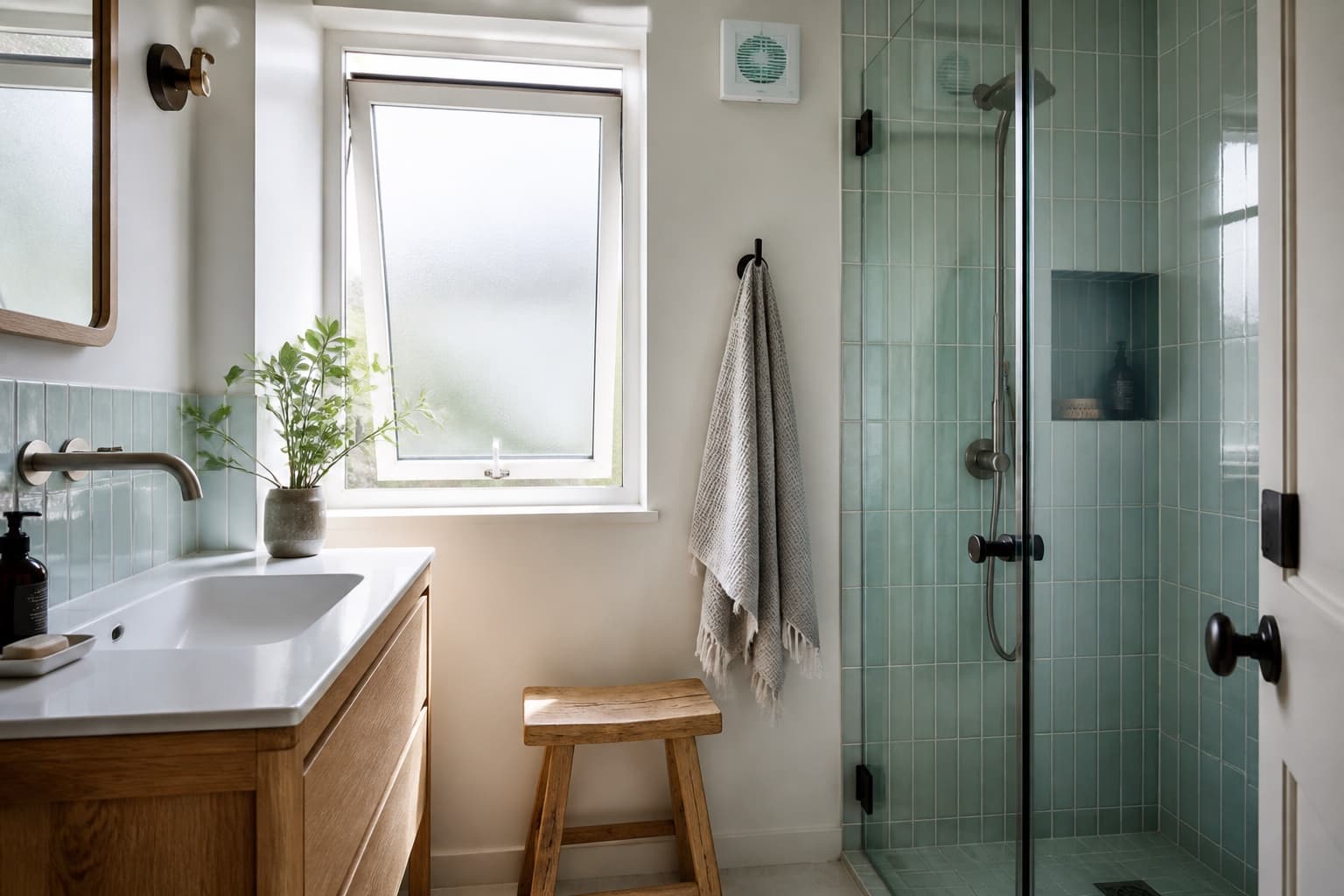 A bright bathroom with a window and extractor fan
