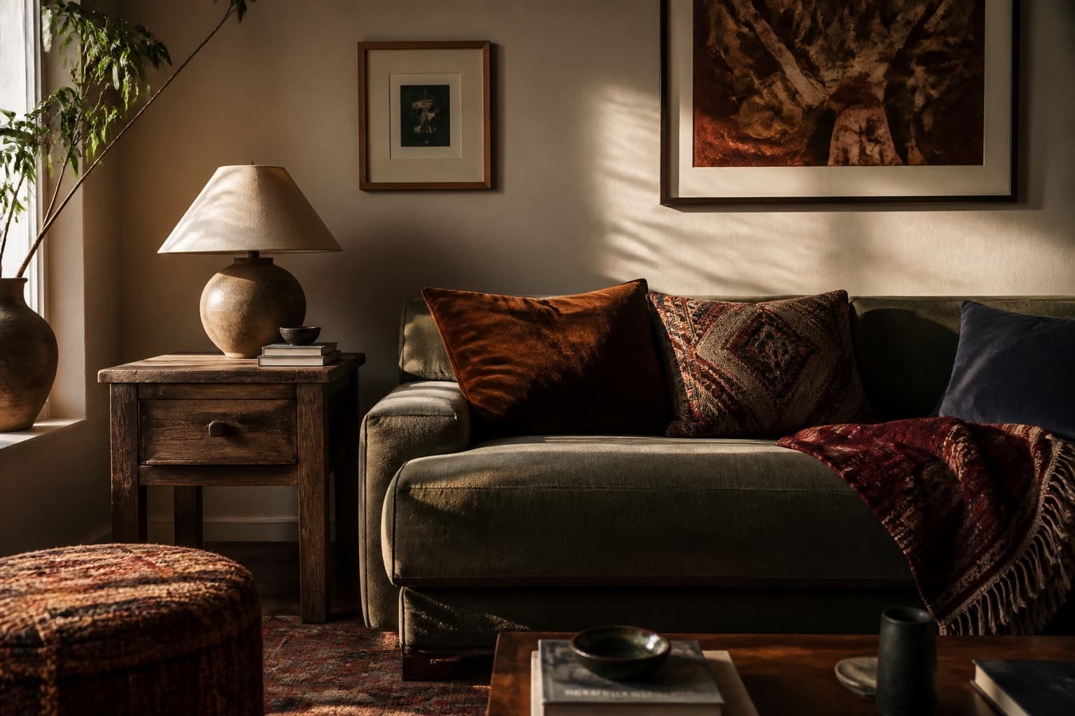 A collected living room with warm colour and texture