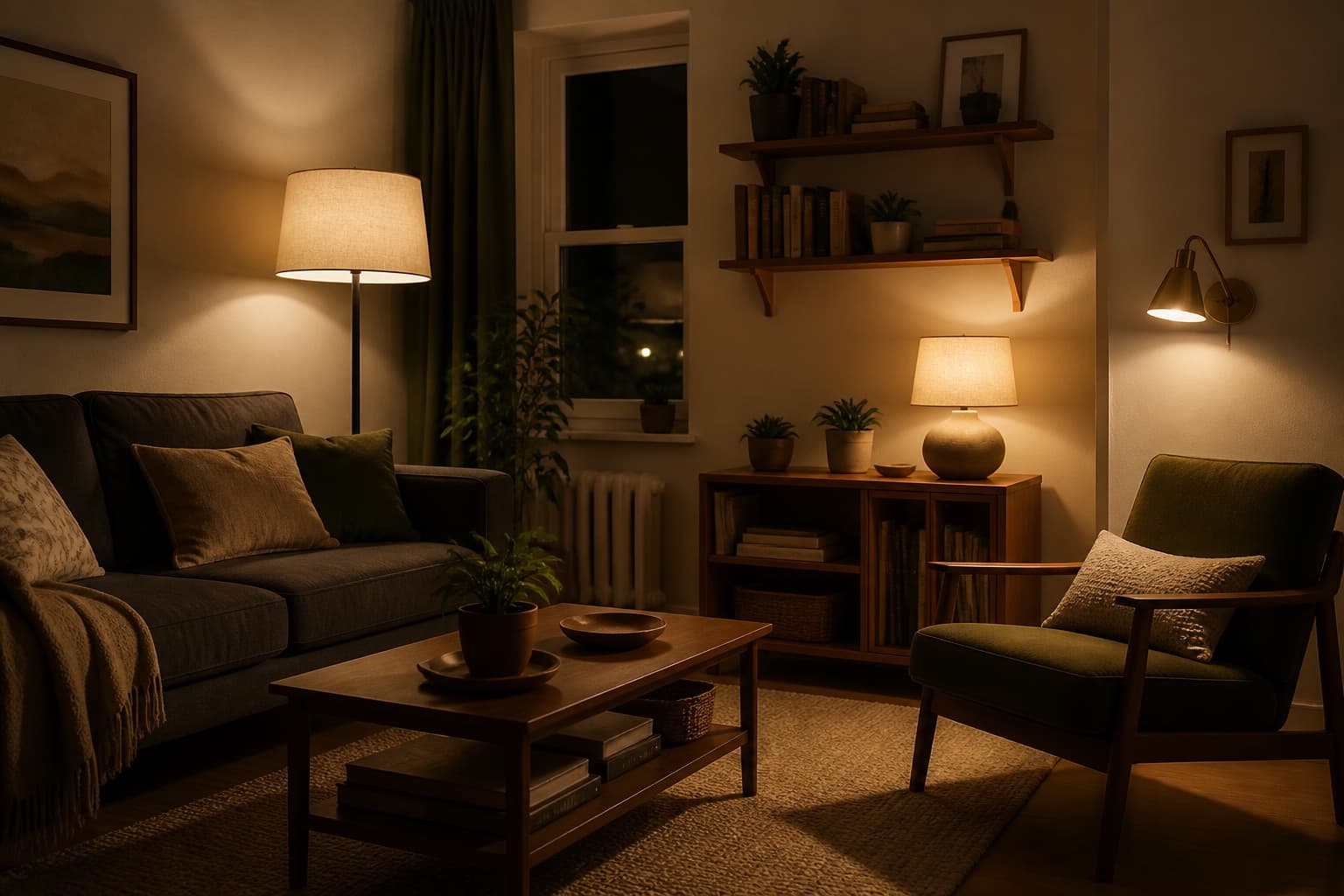 A living room with layered task and ambient lighting