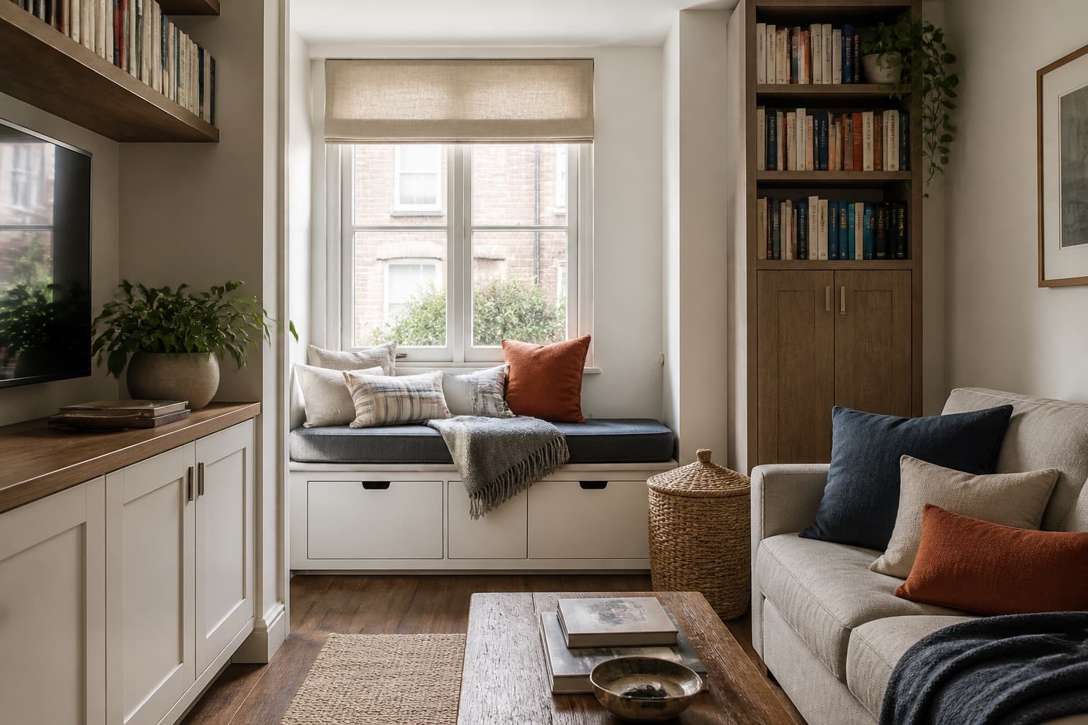 A compact living room with built-in storage