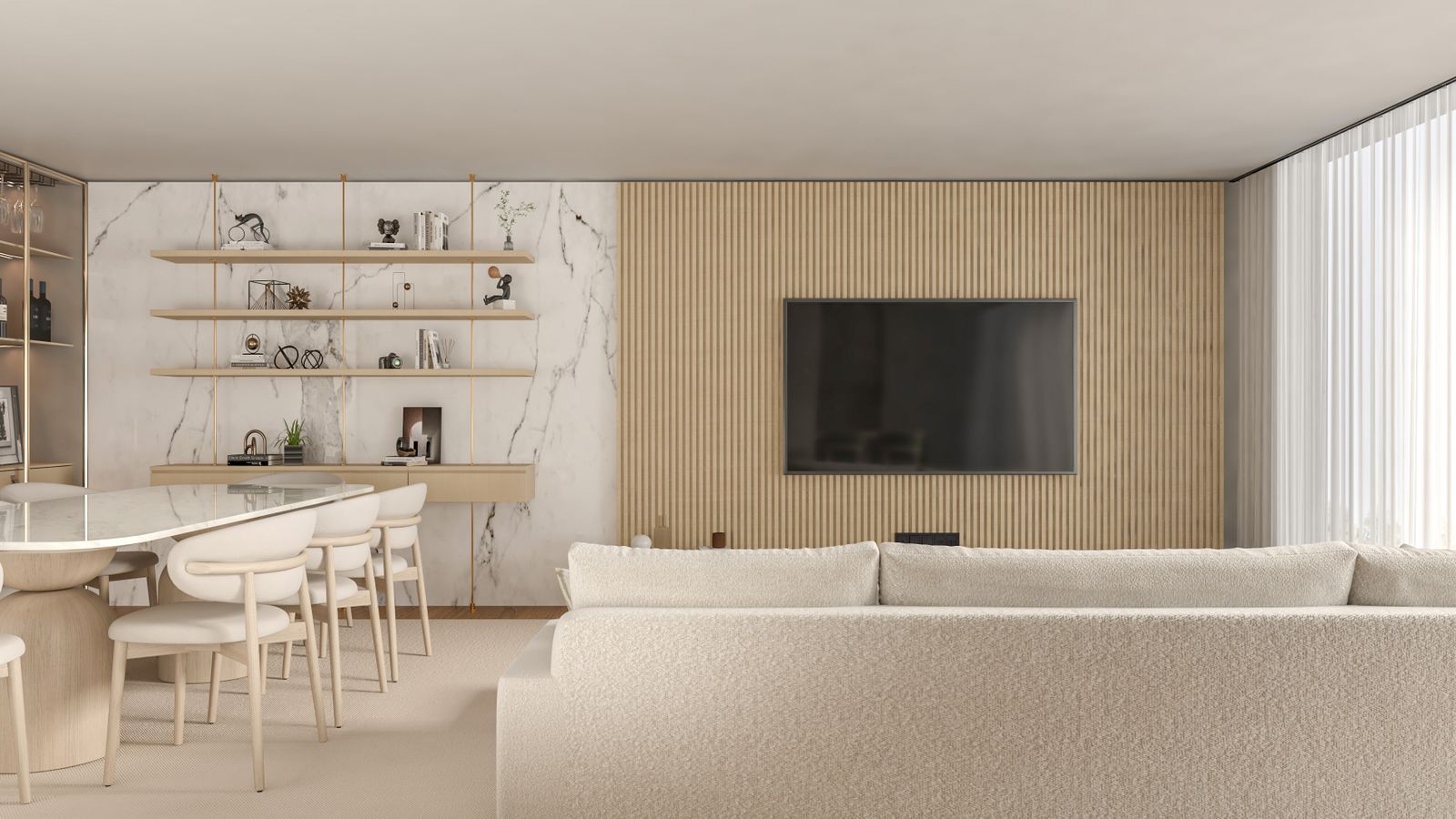 Contemporary open-plan living and dining room with a neutral textured sofa, slatted wood feature wall, marble shelving and dining table.